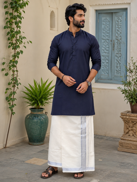 Woven Cotton Kerala Mundu / Dhoti in Off White ( 4 mtrs ) (Slight variations in colour and design is possible)