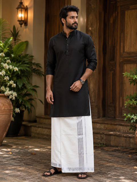 Woven Cotton Kerala Mundu / Dhoti in Off White ( 4 mtrs )(slight variations in colour and design is possible)