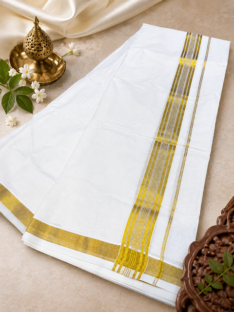 Woven Cotton Kerala Mundu / Dhoti in Off White ( 4 mtrs ) (slight variations in colour and design is possible)