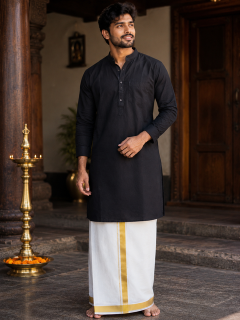 Woven Cotton Kerala Mundu / Dhoti in Off White ( 4 mtrs ) (slight variations in colour and design is possible)