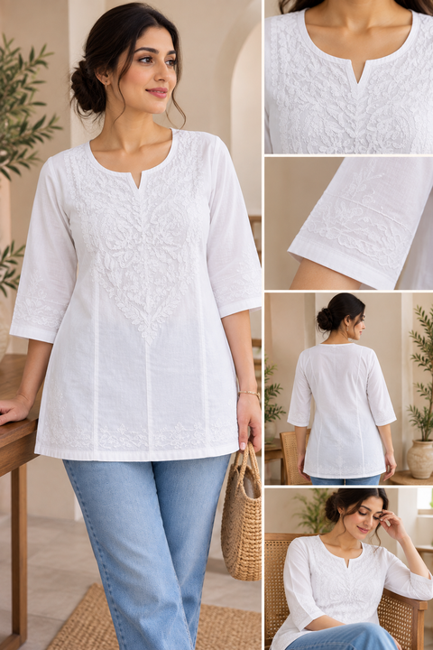 White Lucknowi Chikankari Short Kurti – Beautiful loose-fit short kurti with delicate Chikankari embroidery and lace detailing. Comfortable, elegant and easy to wear.Slight variation in design is possible.