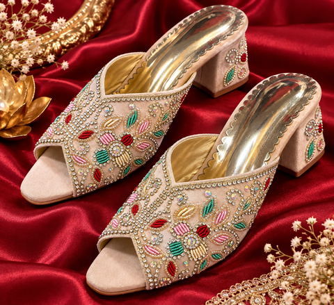 Beige Embellished Block Heel Mules – elegant open-toe heels featuring multicolour beadwork, sparkling stone detailing and a comfortable block heel. Perfect for weddings, festive wear and party outfits.