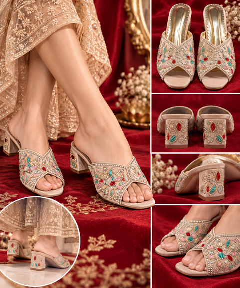 Beige Embellished Block Heel Mules – elegant open-toe heels featuring multicolour beadwork, sparkling stone detailing and a comfortable block heel. Perfect for weddings, festive wear and party outfits.