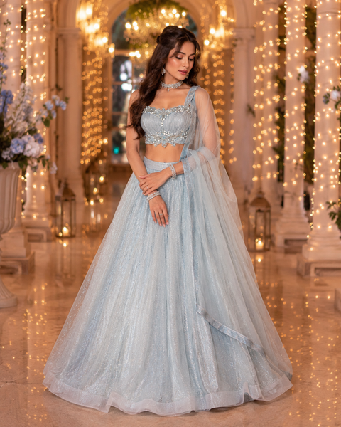 Heavy hand work designer stylish Blouse with very very heavy flared netting based  princess style lehnga and dupatta(slight variation in color & design is possible)