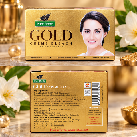 Pure Roots Gold Crème Bleach – formulated with gold dust to help brighten the look of skin, enhance radiance and leave skin looking smooth with a golden glow.
