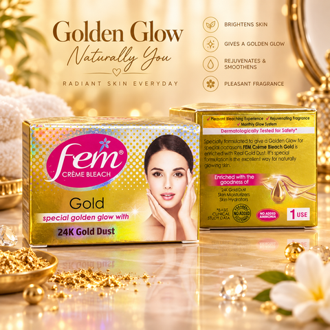 Fem Gold Crème Bleach – enriched with 24K gold dust to help brighten the look of skin and give a smooth, radiant golden glow. No added ammonia.