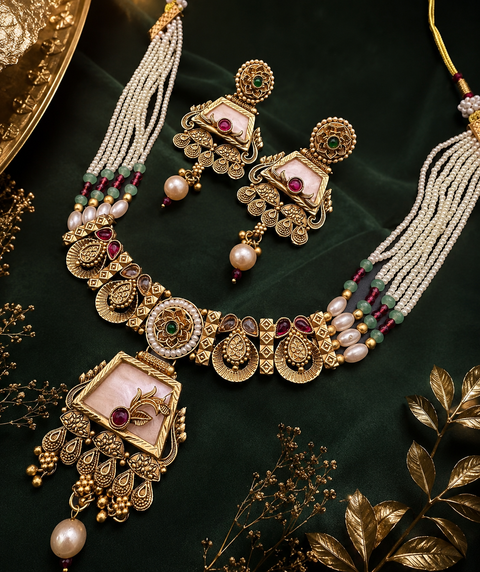 Mat look antique gold traditional necklace with pearls and kundan work & earrings