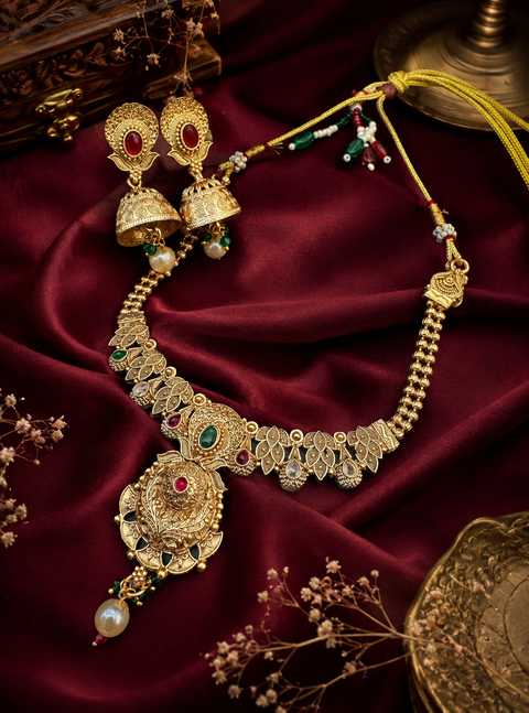 Mat look antique gold traditional necklace with pearls and kundan work & Jhumka