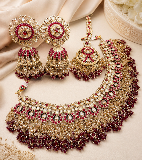 Original Polki stone with pearls beaded work beautiful necklace with jhumka and tikka set
