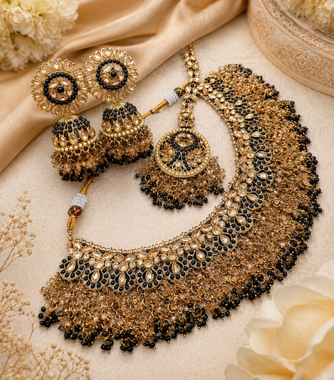 Original Polki stone with pearls beaded work beautiful necklace with jhumka and tikka set