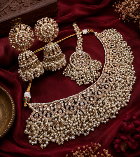 Original Polki stone with pearls beaded work beautiful necklace with jhumka and tikka set