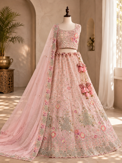 Georgette based stones hand work with heavy sequins work Heavy Ken ken Bridal designer lehnga with heavy handwork blouse and netting dupatta (slight variation in color & design is possible)