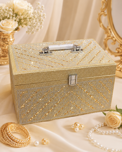 Elegant & spacious bangle box featuring a sparkling stone-studded finish, soft pink velvet interior, and a built-in mirror. Perfect for keeping your bangles and jewellery beautifully organised and protected
Approx. Size: 29× 20 × 17 cm