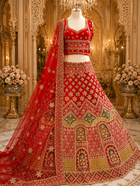 Velvet based hand work with stones work and mirrors work multicoloured embroidery work design Heavy Ken ken Bridal designer lehnga with heavy handwork blouse and heavy work netting dupatta (slight variation in color & design is possible)