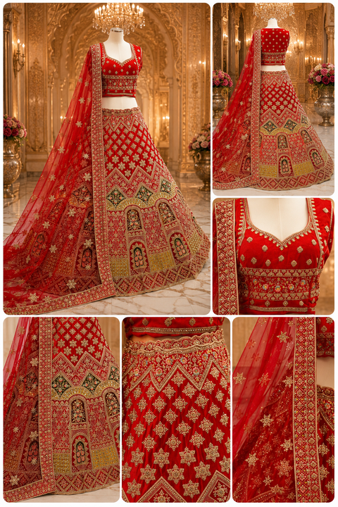 Velvet based hand work with stones work and mirrors work multicoloured embroidery work design Heavy Ken ken Bridal designer lehnga with heavy handwork blouse and heavy work netting dupatta (slight variation in color & design is possible)