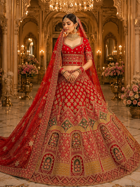Velvet based hand work with stones work and mirrors work multicoloured embroidery work design Heavy Ken ken Bridal designer lehnga with heavy handwork blouse and heavy work netting dupatta (slight variation in color & design is possible)