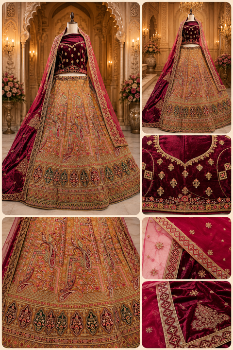 Silk based hand work with stones work multicolored embroidery design Heavy Ken ken Bridal designer lehnga with heavy handwork blouse and two Dupatta , with netting and with velvet (slight variation in color & design is possible)
