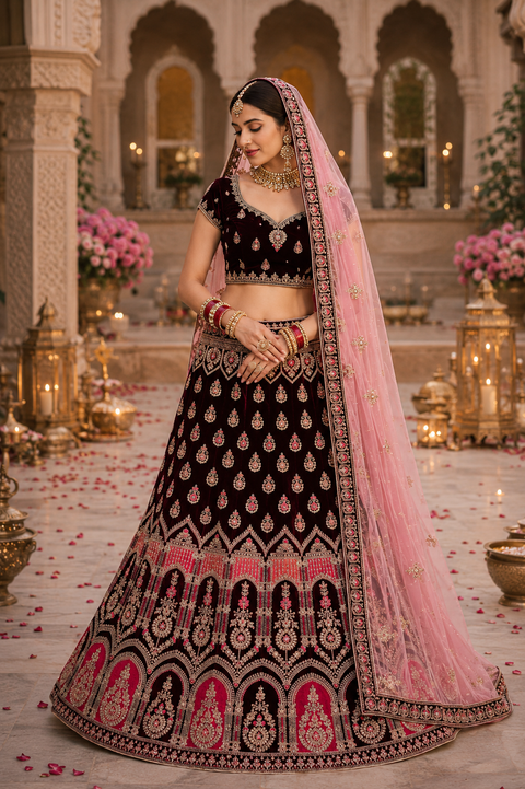Velvet Based Heavy Embroidery & Stone Work Heavy Ken Ken Flared Designer Lehnga With Stitched Blouse & Heavy Work Border Lite Pink Colour Netting Dupatta (slight variation in color & design is possible)