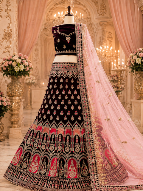 Velvet Based Heavy Embroidery & Stone Work Heavy Ken Ken Flared Designer Lehnga With Stitched Blouse & Heavy Work Border Lite Pink Colour Netting Dupatta (slight variation in color & design is possible)