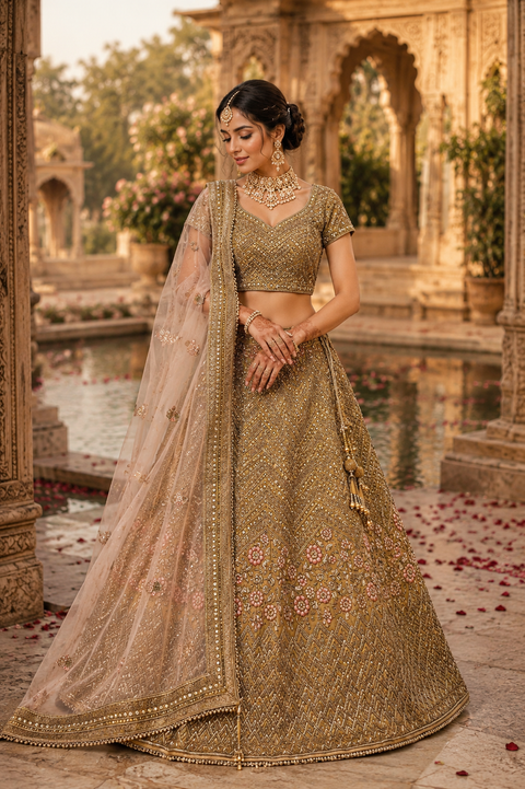 Silk Based Heavy Resham Thread Handwork Embroidery With sequined & Stone Work Heavy Ken Ken Flared Designer Bridal Lehnga & Stitched Blouse With Beautiful Lace Design & Heavy Work Border Netting Dupatta (slight variation in color & design is possible)