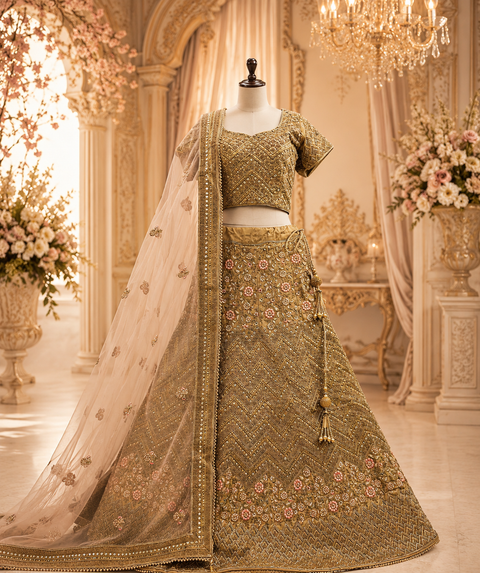 Silk Based Heavy Resham Thread Handwork Embroidery With sequined & Stone Work Heavy Ken Ken Flared Designer Bridal Lehnga & Stitched Blouse With Beautiful Lace Design & Heavy Work Border Netting Dupatta (slight variation in color & design is possible)