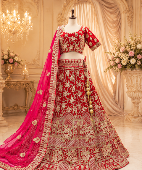 (SIZE 42 (Upto 46)) Hot Pink colour velvet Based Beautiful hand Embroidery Work With silver Fine Stones work Very Heavy 3 Layered Ken Ken Super Heavy Designer Bridal Lehnga With Heavy Tessels Attached To Blouse & Lehnga With Heavy Work Contrast Dupatta