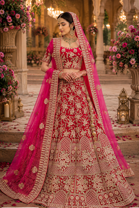 (SIZE 42 (Upto 46)) Hot Pink colour velvet Based Beautiful hand Embroidery Work With silver Fine Stones work Very Heavy 3 Layered Ken Ken Super Heavy Designer Bridal Lehnga With Heavy Tessels Attached To Blouse & Lehnga With Heavy Work Contrast Dupatta