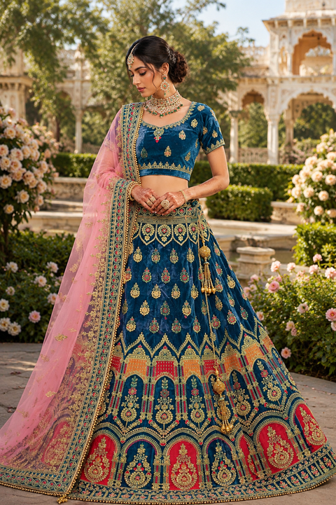 Size 42(upto 46) Pastel Blue colour velvet based heavy embroidery & Stone work heavy ken ken flared designer Lehnga with stitched blouse & heavy work border lite pink colour netting dupatta