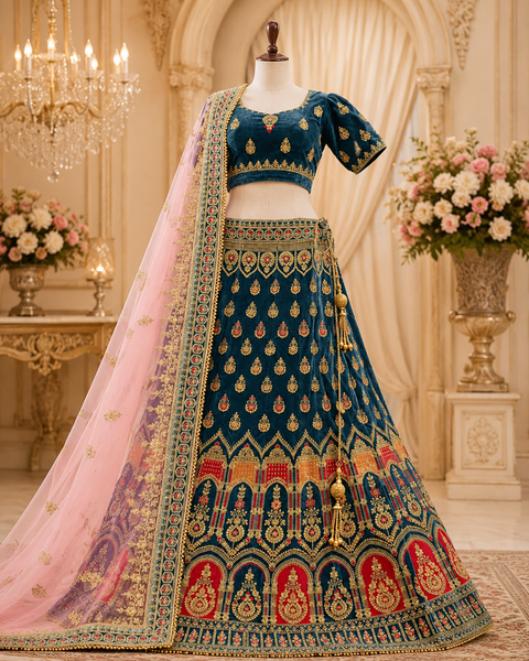 Size 42(upto 46) Pastel Blue colour velvet based heavy embroidery & Stone work heavy ken ken flared designer Lehnga with stitched blouse & heavy work border lite pink colour netting dupatta