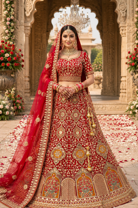 Bright Red colour velvet based beautiful embroidery work with heavy squined work with golden fine stones very heavy 3 layered ken ken super heavy Designer Bridal Lehnga with heavy tessels attached to blouse & Lehnga with heavy work lace beaded dupatta
