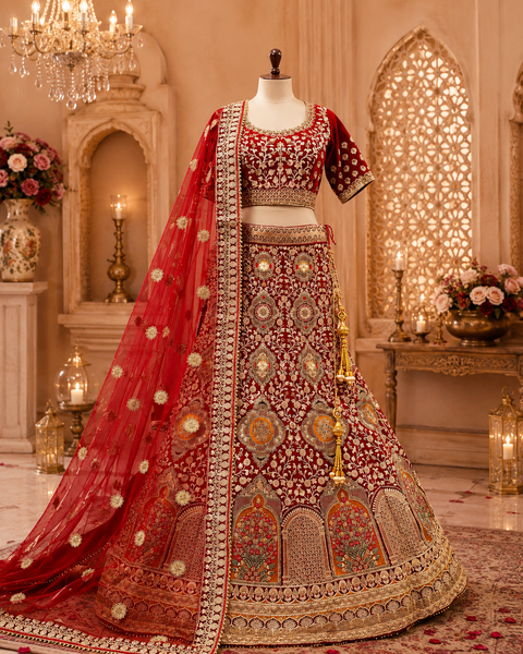 Bright Red colour velvet based beautiful embroidery work with heavy squined work with golden fine stones very heavy 3 layered ken ken super heavy Designer Bridal Lehnga with heavy tessels attached to blouse & Lehnga with heavy work lace beaded dupatta