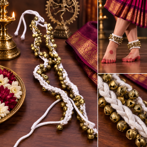 Traditional 50 Ghungroo Bharatanatyam Ghungroo 
Beautifully crafted with 50 golden ghungroo bells on soft, braided cotton cords, designed to create a rich and rhythmic sound with every movement.