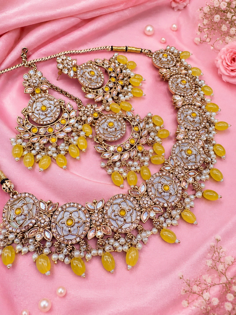 Polki stone with pearls beaded work beautiful necklace with jhumka and tikka set