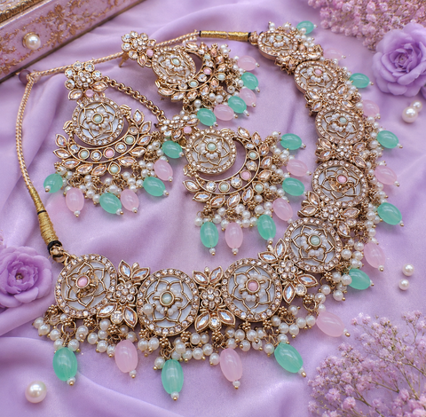 Polki stone with pearls beaded work beautiful necklace with jhumka and tikka set