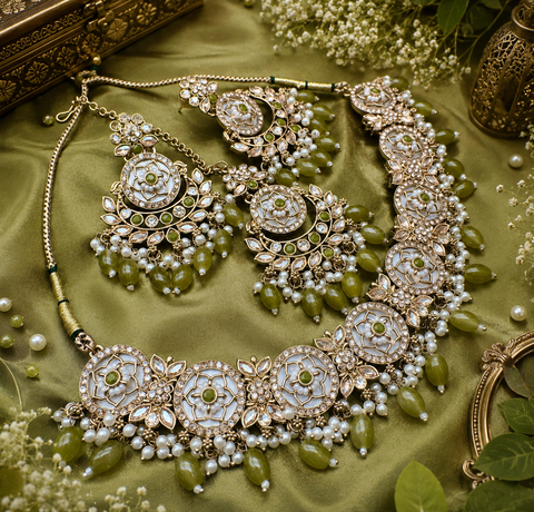 Polki stone with pearls beaded work beautiful necklace with jhumka and tikka set