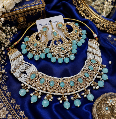 Polki stone with pearls beaded work beautiful choker style necklace with jhumka and tikka set