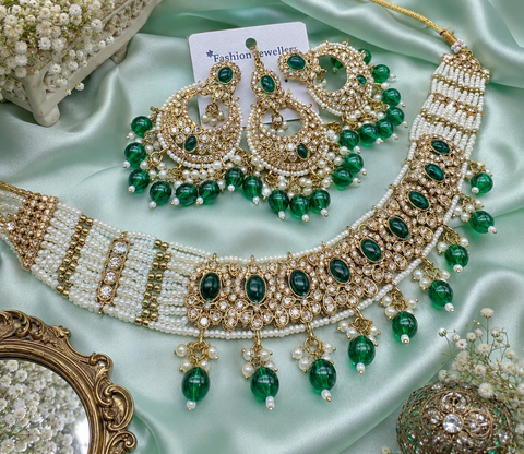 Polki stone with pearls beaded work beautiful choker style necklace with jhumka and tikka set