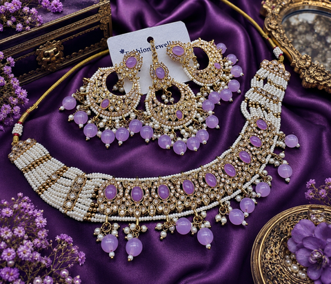 Polki stone with pearls beaded work beautiful choker style necklace with jhumka and tikka set