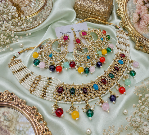 Polki stone with pearls beaded work beautiful choker style necklace with jhumka and tikka set