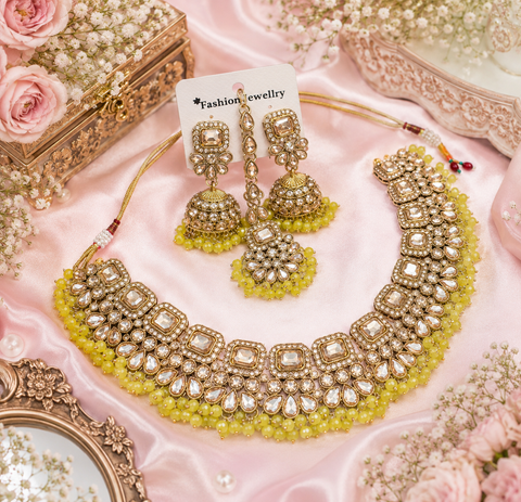 Polki stone with pearls beaded work beautiful necklace with jhumka and tikka set
