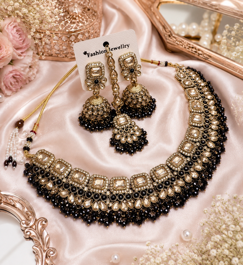 Polki stone with pearls beaded work beautiful necklace with jhumka and tikka set