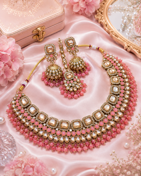 Polki stone with pearls beaded work beautiful necklace with jhumka and tikka set