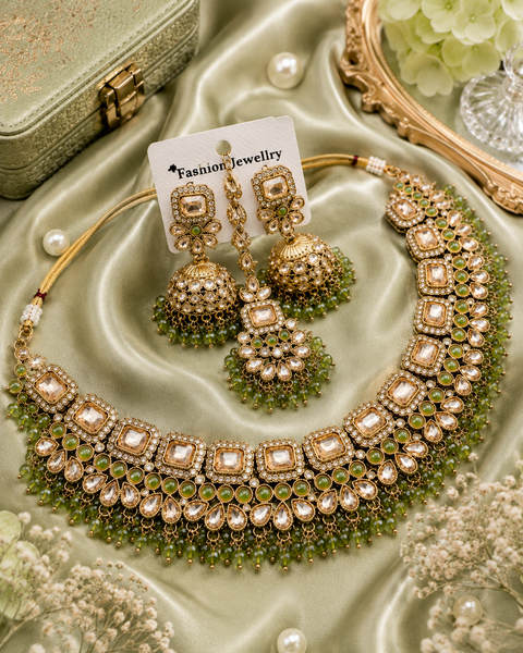 Polki stone with pearls beaded work beautiful necklace with jhumka and tikka set