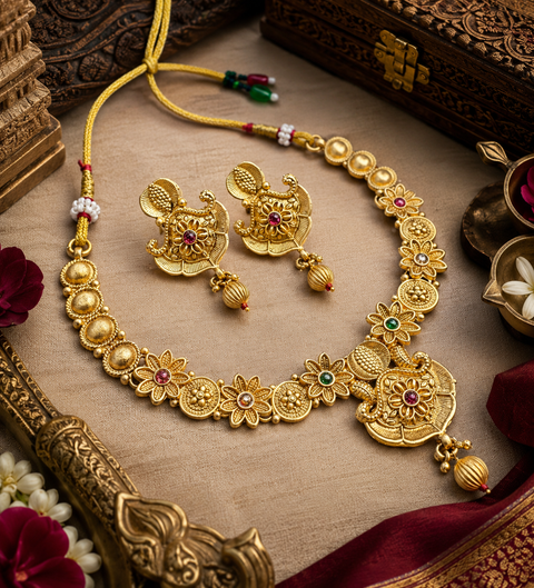 Mat look antique gold traditional necklace set with stones work