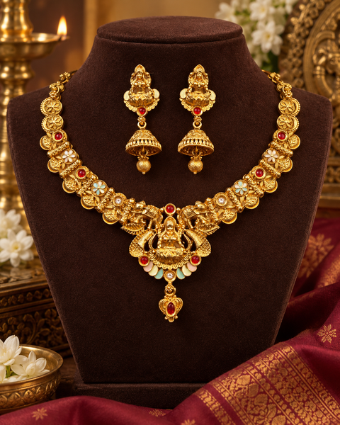 Elegant matte gold-finish Temple Jewellery Set Goddess Lakshmi  motif with beautifully detailed elephant designs and green ,Ruby stone accents. Comes with matching jhumka earrings(slight variation in color & design may occur)