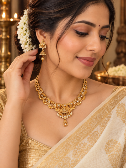 Elegant matte gold-finish Temple Jewellery Set Goddess Lakshmi  motif with beautifully detailed elephant designs and stone accents. Comes with matching jhumka earrings(slight variation in color & design may occur)