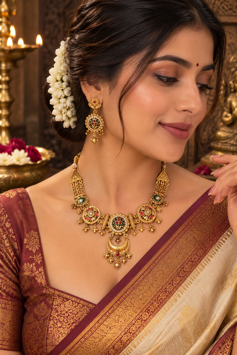 Elegant South Indian temple-style necklace set in a rich gold finish, detailed with red and green stones, pearl drops, and intricate traditional motifs. Comes with matching statement earrings(slight variation in color & design may occur)