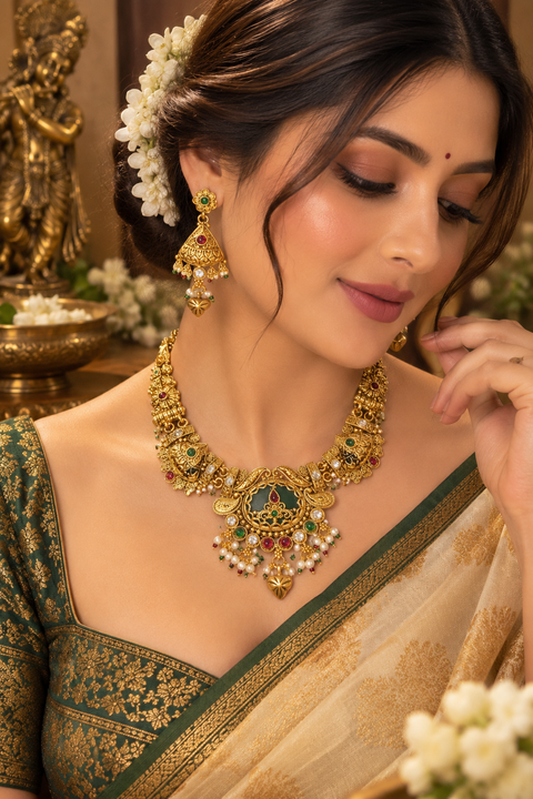 Elegant South Indian temple-style necklace set in a rich gold finish, detailed with red and green stones, pearl drops, and intricate traditional motifs. Comes with matching statement earrings(slight variation in color & design may occur)