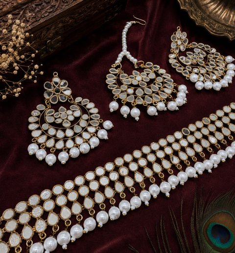 Pearls With Original Mirror Work Necklace Set With Earrings & Tikka