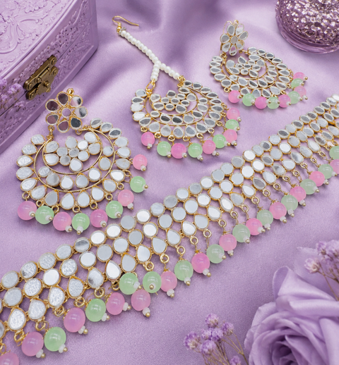 Pearls With Original Mirror Work Necklace Set With Earrings & Tikka